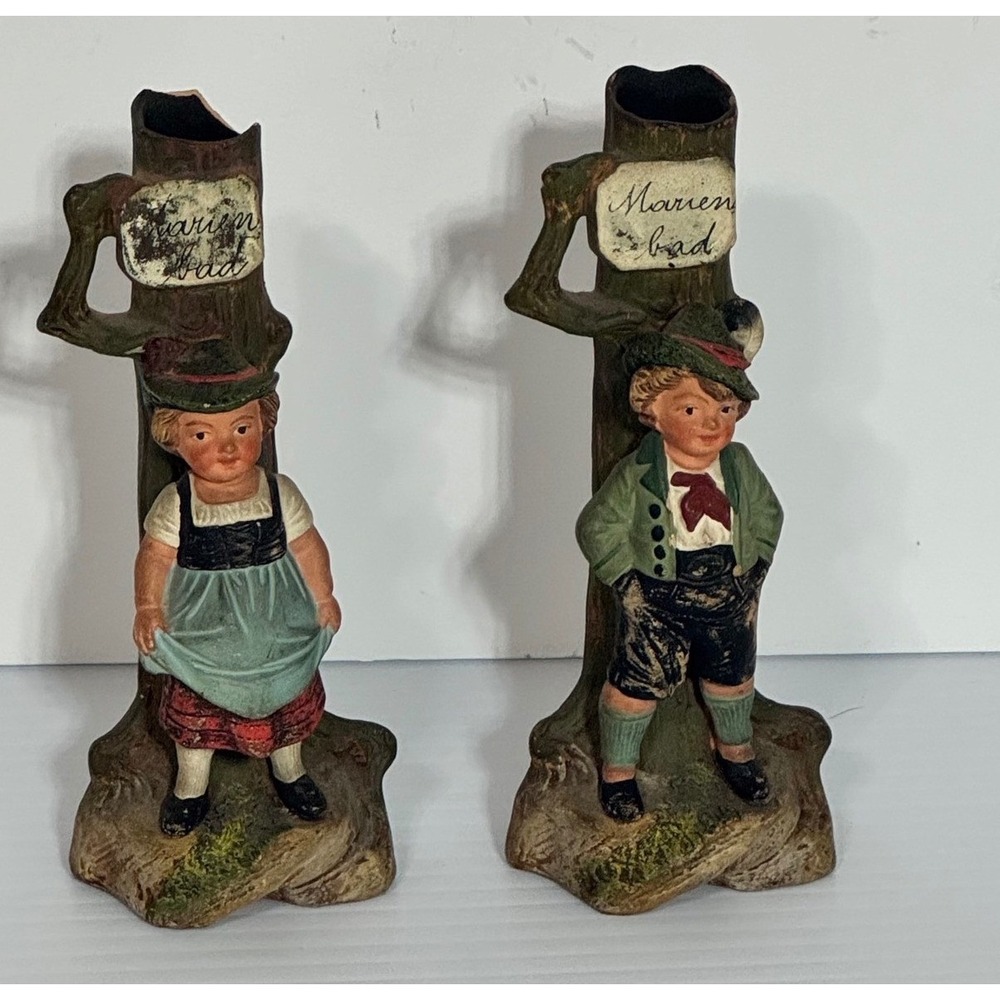 Vintage Marienbad Germany boy girl tree trunk vase figurines set of 2